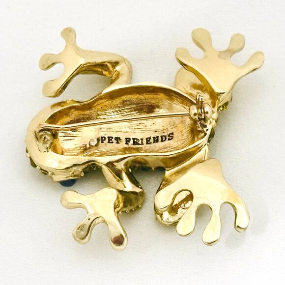 Pet Friends Gold Tone Frog Brooch Pin With Blue Eyes - Picture 7 of 7